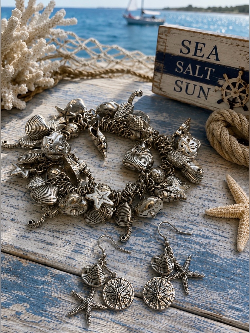 Silver Tone Ocean Sea Life Charm Bracelet & Earring Set